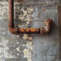 Leak detected in rusty pipe against textured wall surface photo