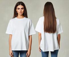 Woman modeling a plain white t-shirt in casual setting photo