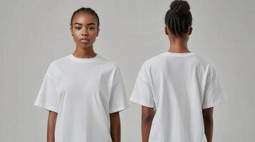 Model showcasing white oversized t-shirt in a studio setting photo