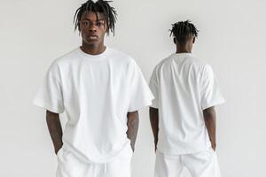 Model showcases modern minimalist fashion in white attire photo