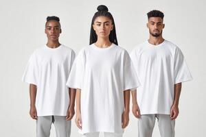 Three models showcasing modern fashion in oversized white tees photo