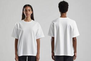 Models showcase unisex white t-shirt from multiple angles photo