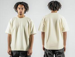 Model showcases oversized cream t-shirt from multiple angles photo