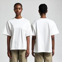 Model showcases white t-shirt design from front and back views photo