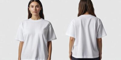 Woman in plain white T-shirt posing against neutral background photo