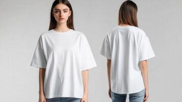 Model presents a casual white t-shirt in studio setting photo