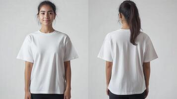 Model showcases simple white t-shirt from front and back photo