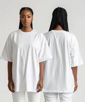 Model showcasing an oversized white t-shirt in studio photo