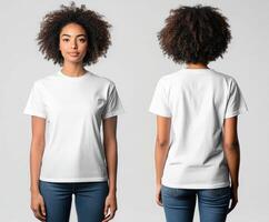 Model showcases blank white t-shirt from front and back views photo
