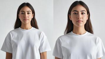 Woman in white tee posing on neutral background photo