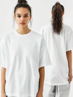 Model showcasing oversized white t-shirt in studio setting photo