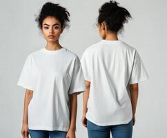 Model showcasing plain white t-shirt from the front and back photo
