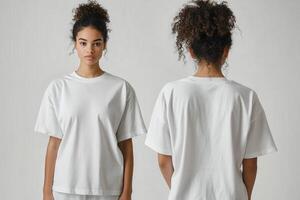 Young woman modeling oversized white t-shirt in studio setting photo