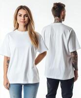 Model displays casual white t-shirt in studio setting photo