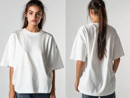Model showcases casual white oversized t-shirt in studio photo