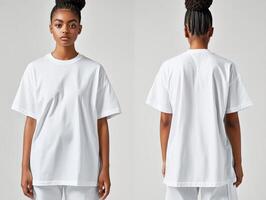 Casual model showcasing oversized white t-shirt with simple style photo