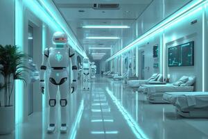 Futuristic hospital with robotic aides and sleek design photo