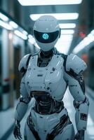 Futuristic hospital robot in a high-tech corridor photo