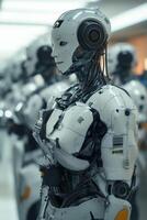 Futuristic hospital with advanced humanoid robots on display photo