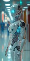 Futuristic robot stands in a modern hospital corridor photo