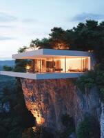 Modern cliffside house with stunning mountain views at dusk photo