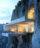 Modern house cantilevered on cliff edge with mountain views photo