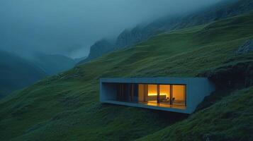 Modern architecture contrasts with misty mountain landscape photo