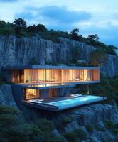 Modern cliffside home with a stunning pool at dusk photo