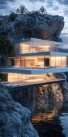 Modern cliffside house overlooking tranquil waters at dusk photo
