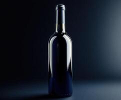 Elegant dark wine bottle illuminated against a blue background photo