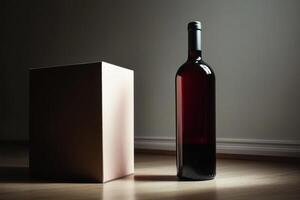 Wine bottle and box in soft light with shadows photo