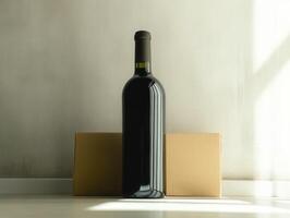 Bottle of wine beside two cardboard boxes in bright light photo