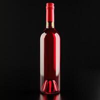 Bright red wine bottle displayed against a black background photo