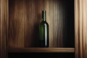 Elegant glass bottle sits on wooden shelf in dim lighting photo