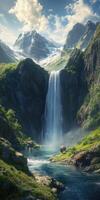 Majestic waterfall cascading through a serene mountain valley photo