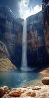 Stunning waterfall cascades into serene pool in canyon photo
