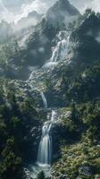 Majestic waterfalls cascading down a lush mountain landscape photo