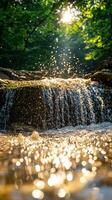 Water cascading over rocks in a sunlit forest photo