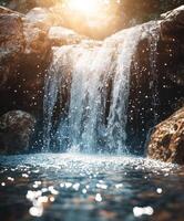 Serenity of a cascading waterfall at golden hour photo