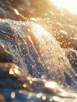 Water cascading over rocks in a golden sunlit setting photo
