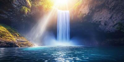 Stunning waterfall cascading into serene turquoise pool photo