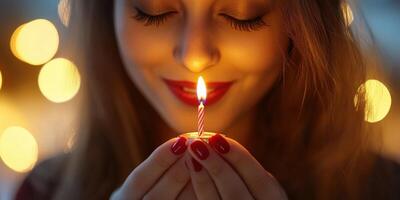 Young woman holds candle with warm glow in intimate setting photo