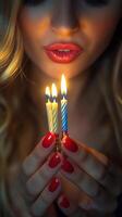 Woman blowing out birthday candles in dim lighting photo