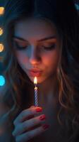 Young woman blowing out birthday candle with soft lighting photo