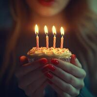 Celebrating with a cupcake and candles on a joyful occasion photo