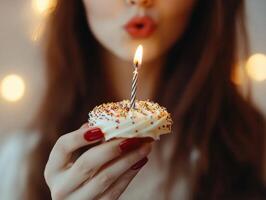 Celebrating a birthday with a cupcake and a lit candle photo