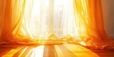 Sunlight streaming through sheer orange curtains in a room photo