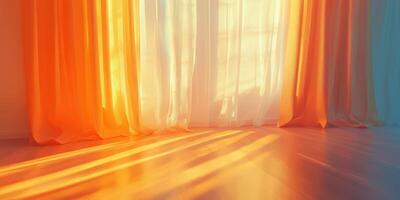 Beautiful sunlight filtering through vibrant sheer curtains photo