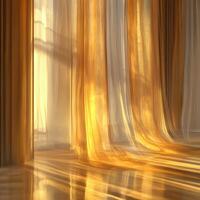Warm sunlight filtering through flowing curtains in a room photo