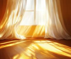 Sunlight streaming through sheer curtains in a warm room photo